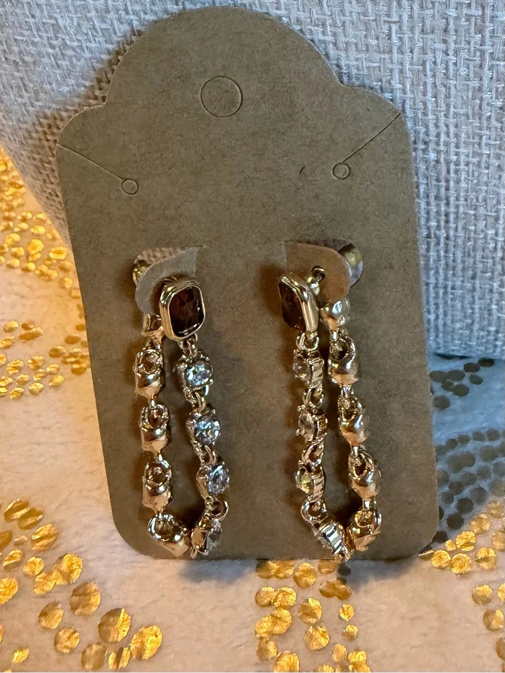 Gold-Tone Brown and White Crystal Drop Earrings - Elegant Women’s Jewelry
